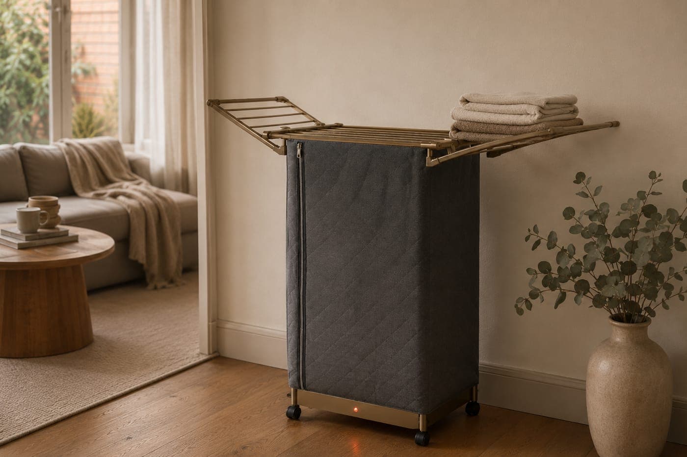 Warm, folded washing beside the Nestlow airer