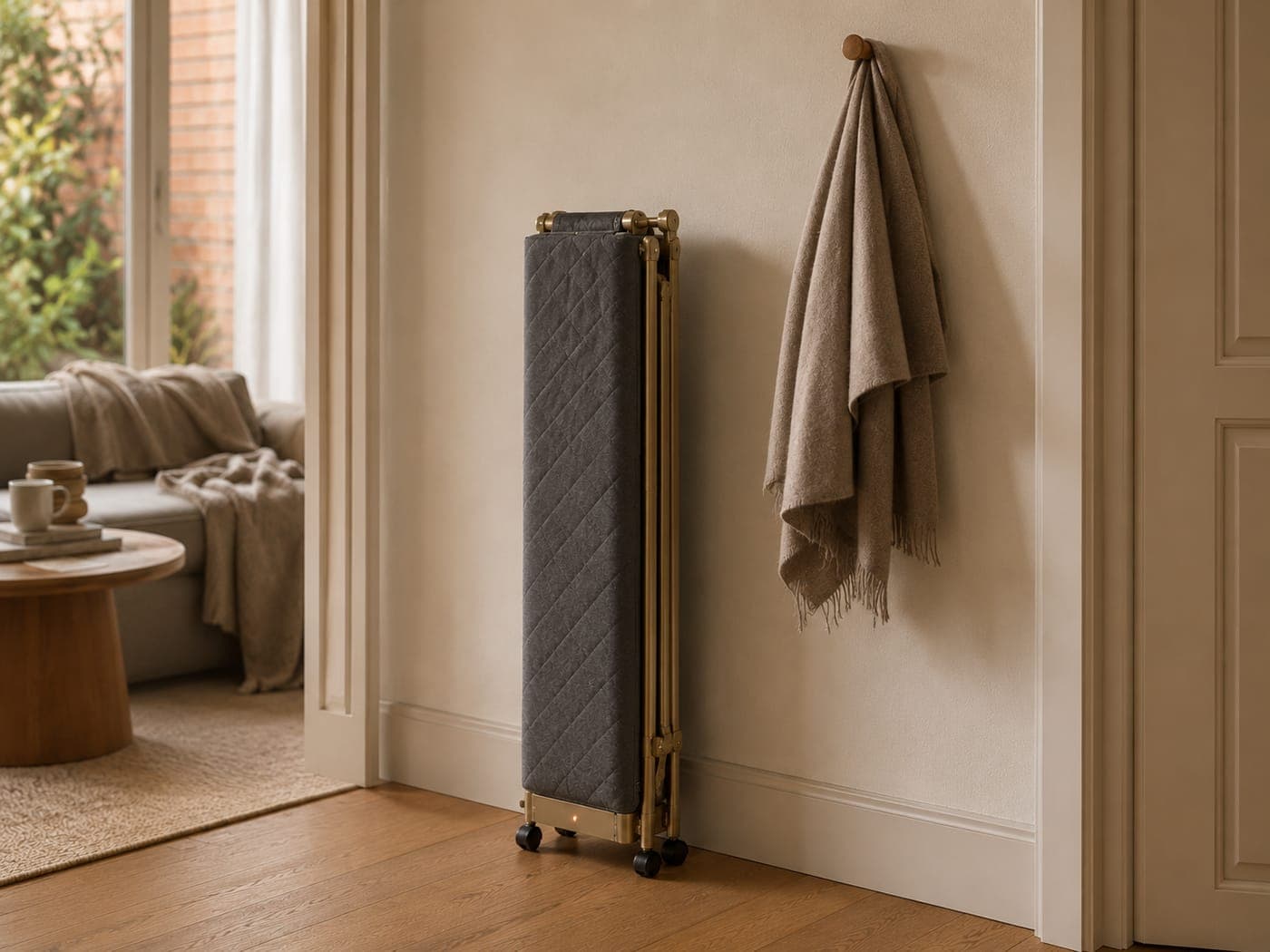 The Nestlow airer folded flat against a living room wall, showing its slim profile