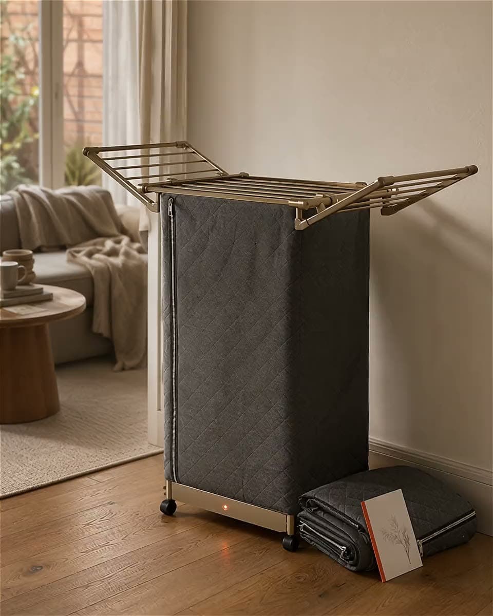 The Nestlow heated airer warming a Melbourne living room while it rains outside